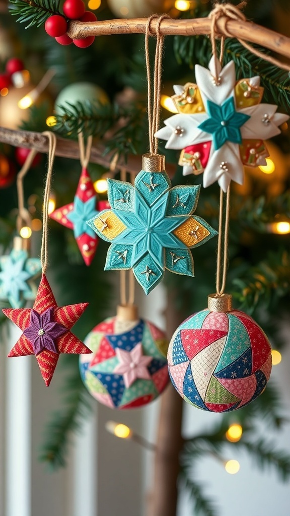 Handmade quilted Christmas ornaments in various shapes hanging from a wooden branch.